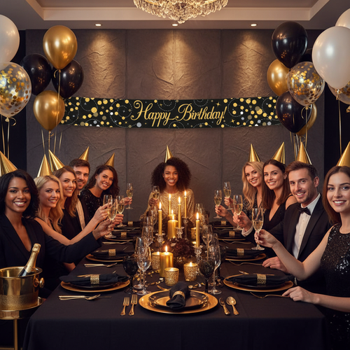 Elegant birthday party celebration with Sparkling Fizz black and gold banner displayed