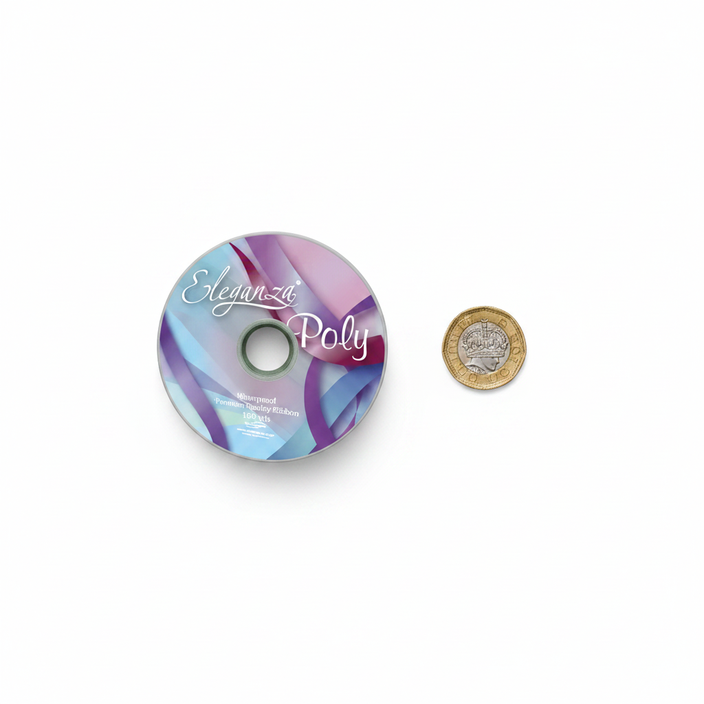 Eleganza Silver Poly Ribbon 50mm spool shown beside a £1 coin for size reference, flat lay on white background