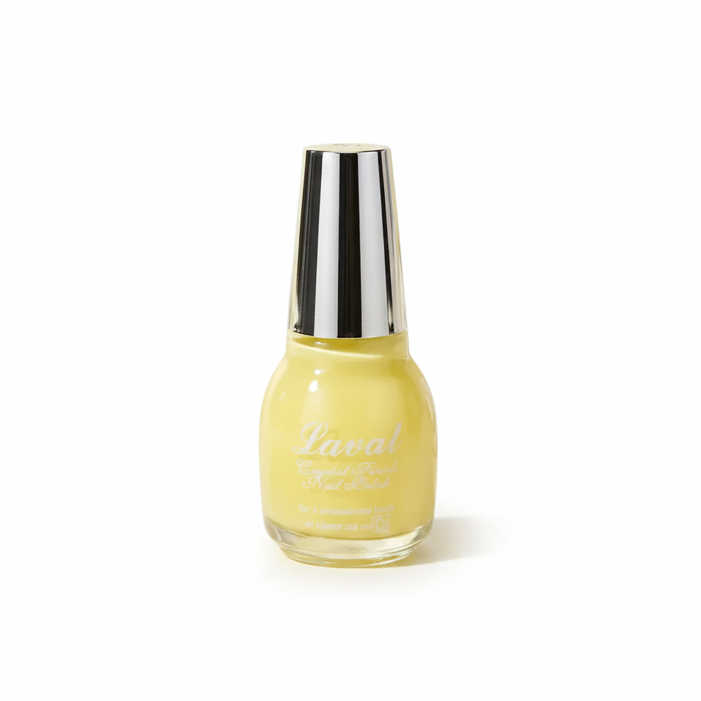 Laval Crystal Finish Nail Polish in pastel yellow with chrome cap, studio white background, professional product photography