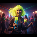 Young woman with glowing fluorescent yellow hair dancing at a UV neon rave party holding Party Success hair colour spray