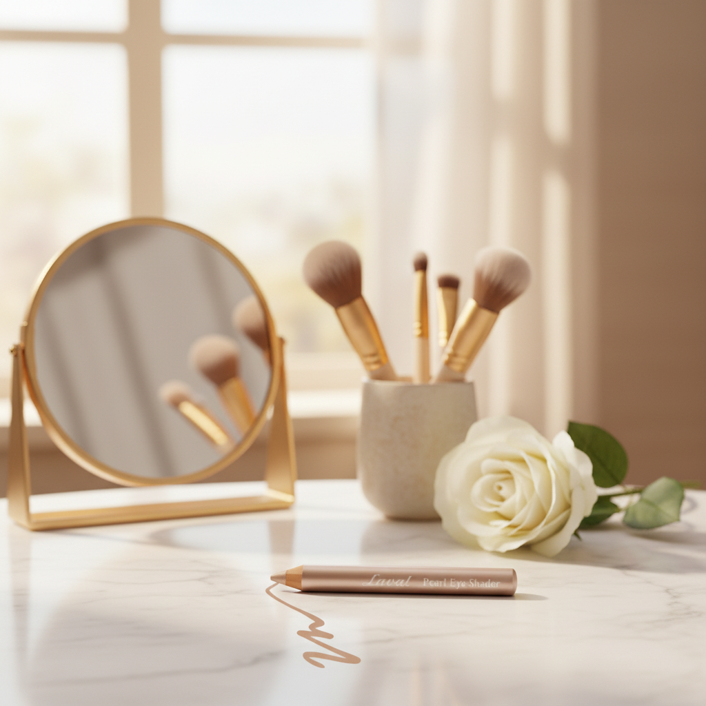 Laval Pearl Eye Shader Topaz eyeshadow pencil resting on a vanity table in a warm beauty lifestyle setting