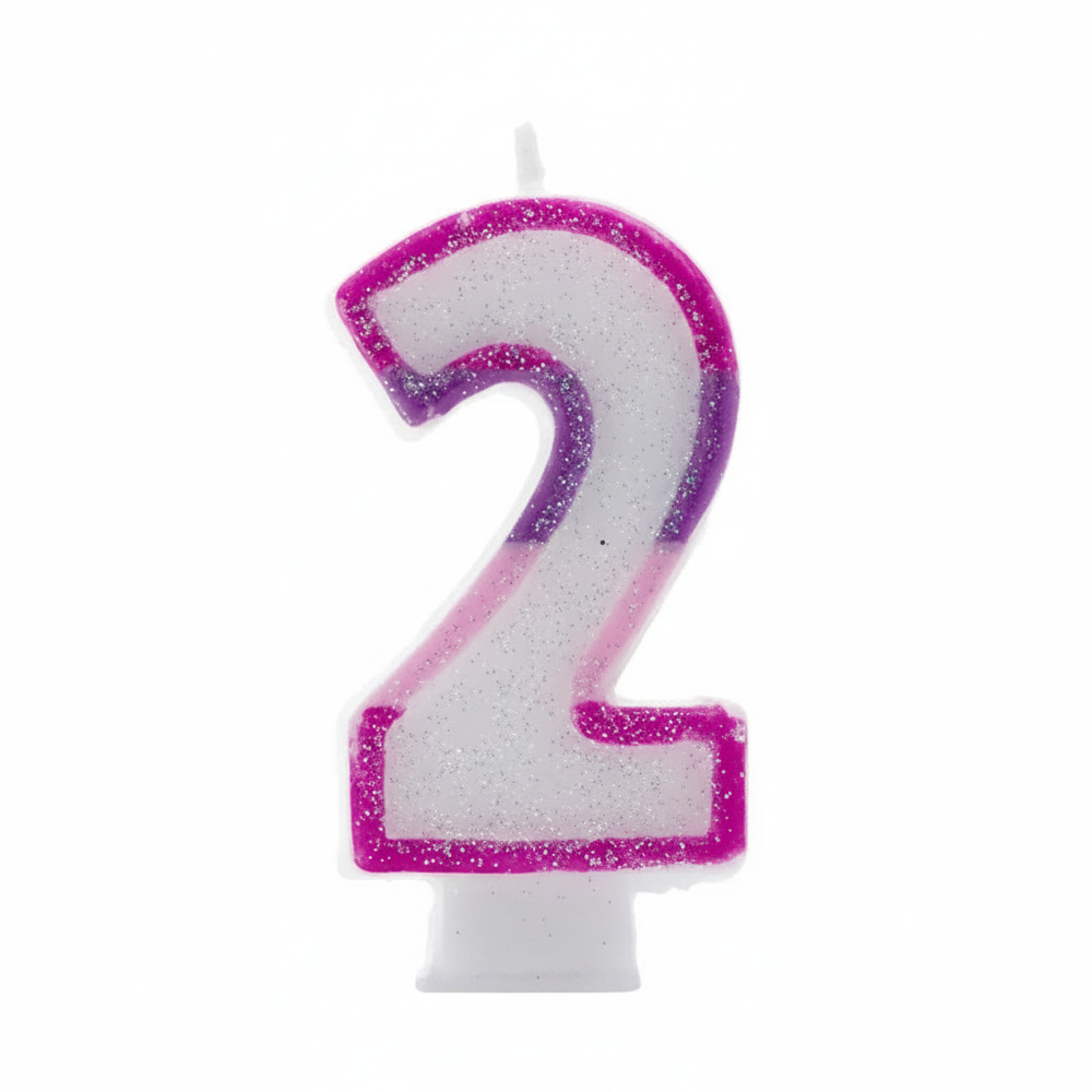 Pink glitter number 2 birthday candle on pure white background, Amazon and eBay compliant hero shot