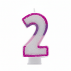 Pink glitter number 2 birthday candle on pure white background, Amazon and eBay compliant hero shot