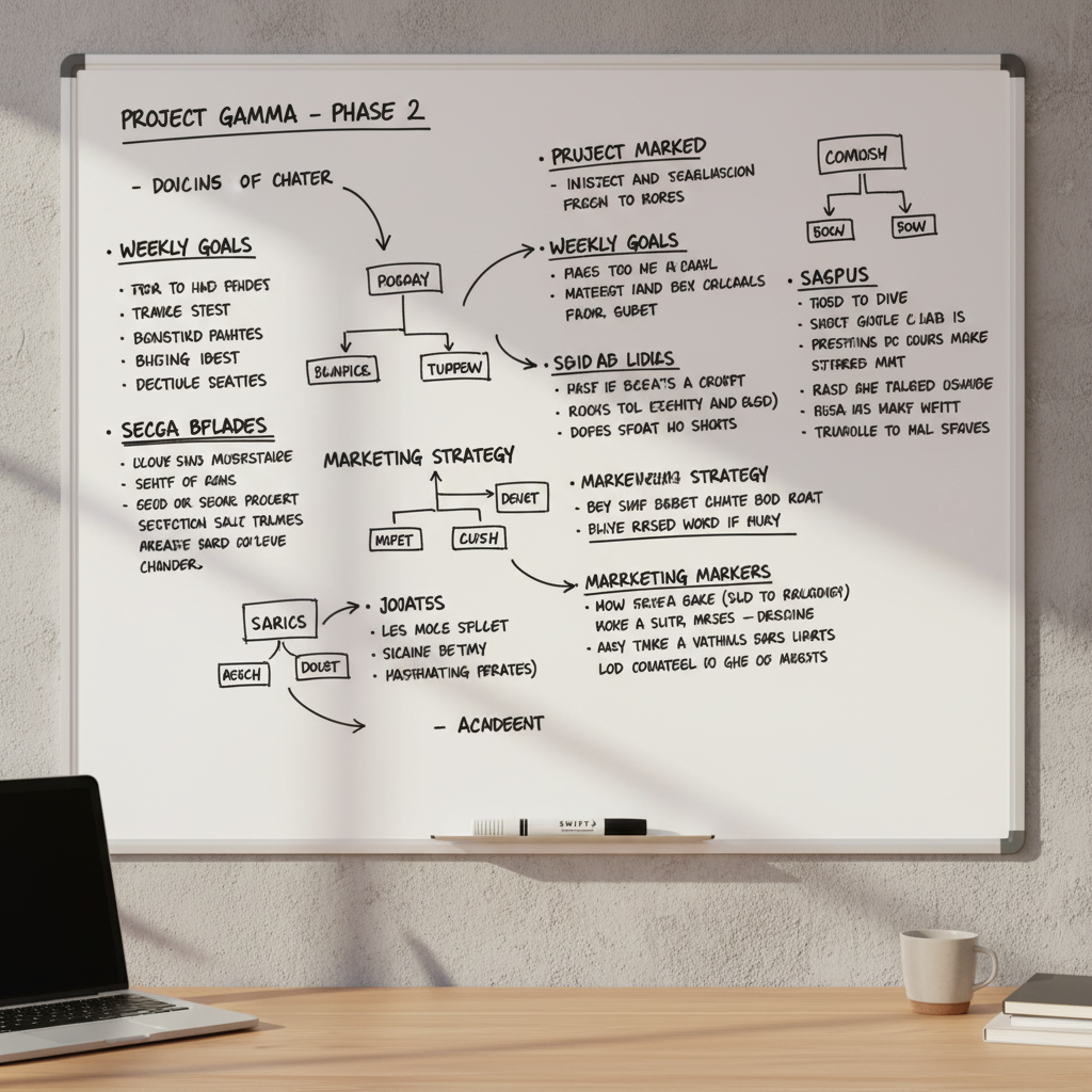 Organised whiteboard covered in crisp bold black handwritten notes and diagrams, Swift marker resting in tray below