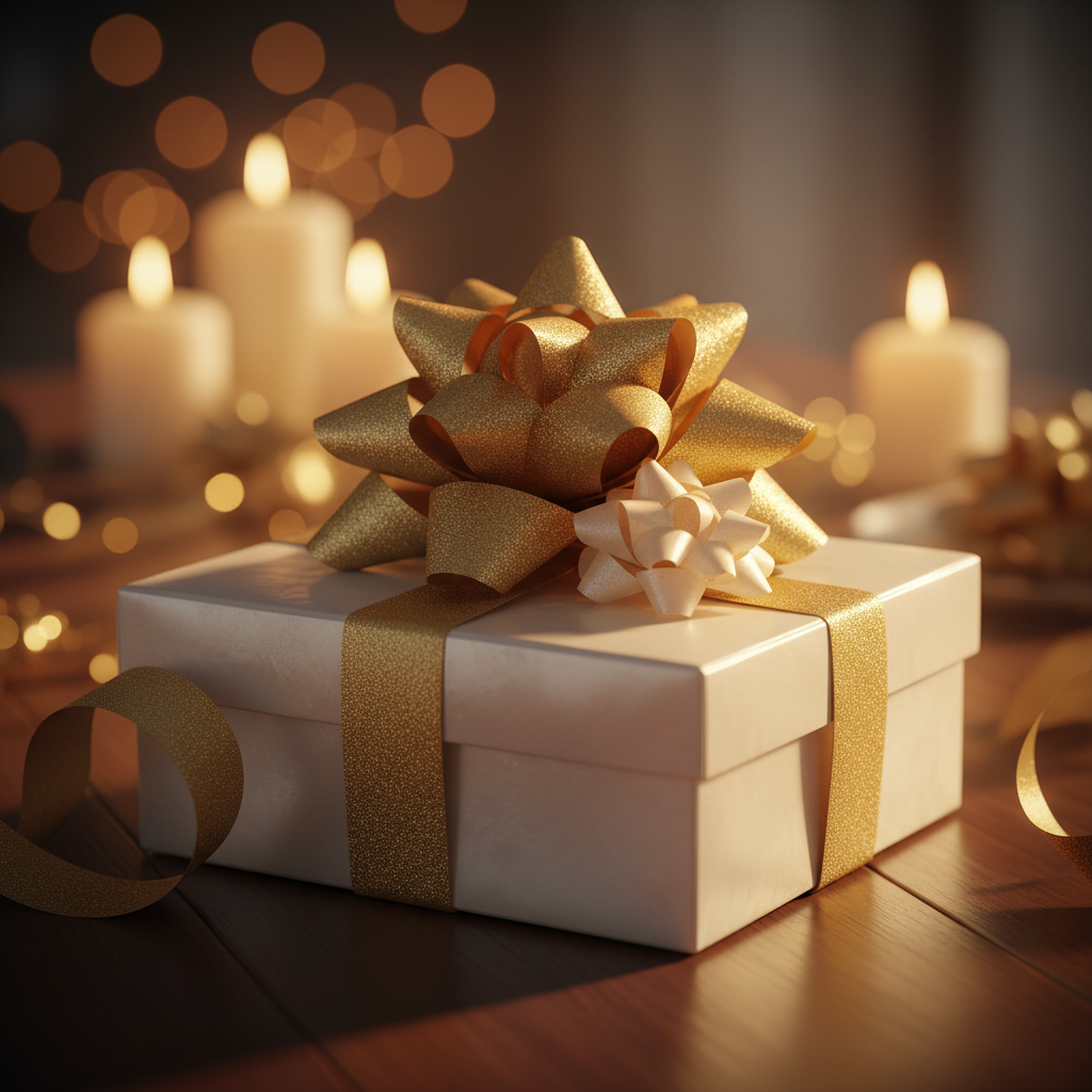 Luxury gold gift bow and ribbon on a wrapped present in warm golden hour celebration setting