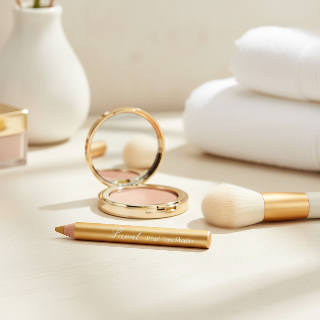 Laval Pearl Eye Shader Gold eyeshadow pencil in a natural makeup vanity setting with complementary beauty accessories