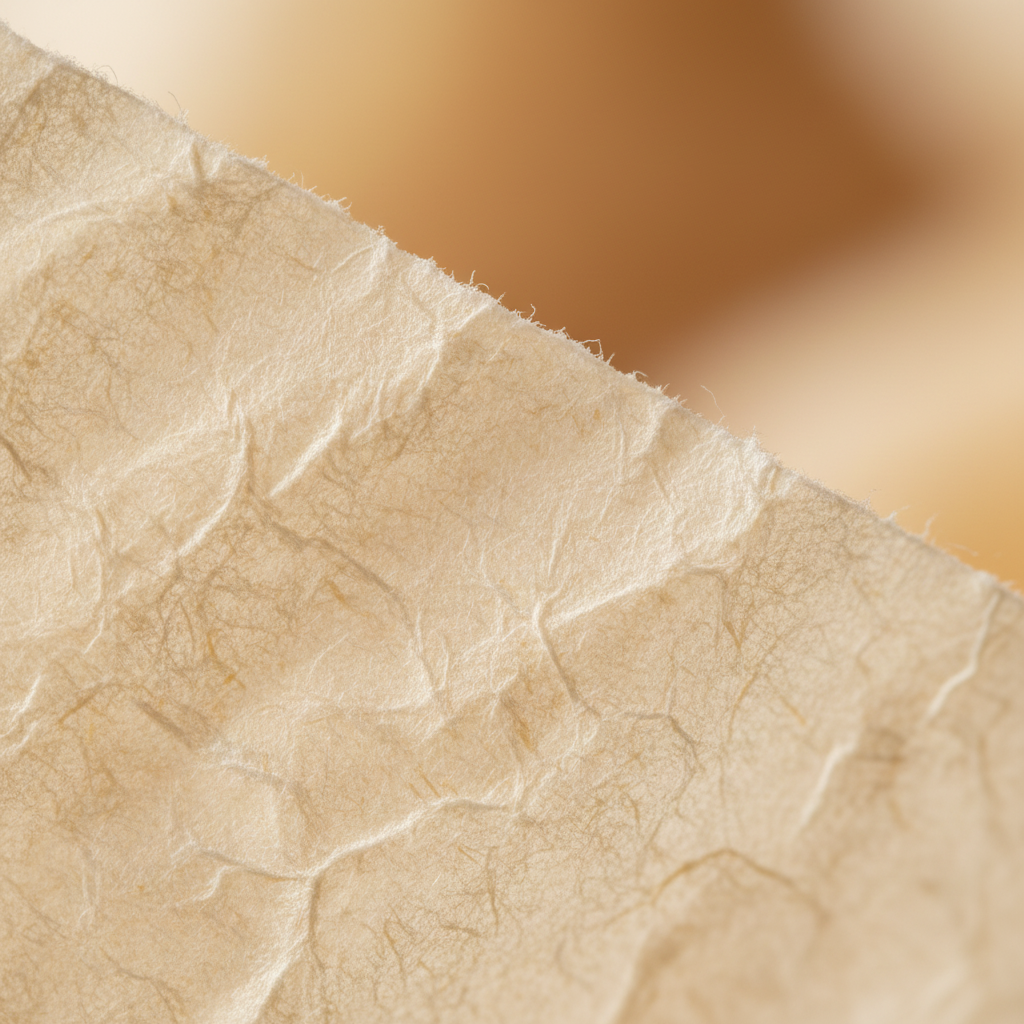 Extreme macro close-up of ivory cream tissue paper texture showing delicate soft fibres and translucent material quality