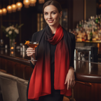 Elegant woman wearing red and black gradient scarf at a sophisticated cocktail bar