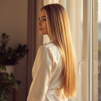 Woman with long flowing multi-tonal Safari Sunset hair in golden hour light showcasing clip-in hair extension results