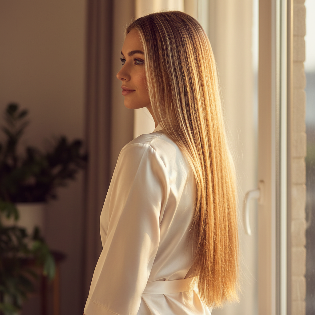 Woman with long flowing multi-tonal Safari Sunset hair in golden hour light showcasing clip-in hair extension results