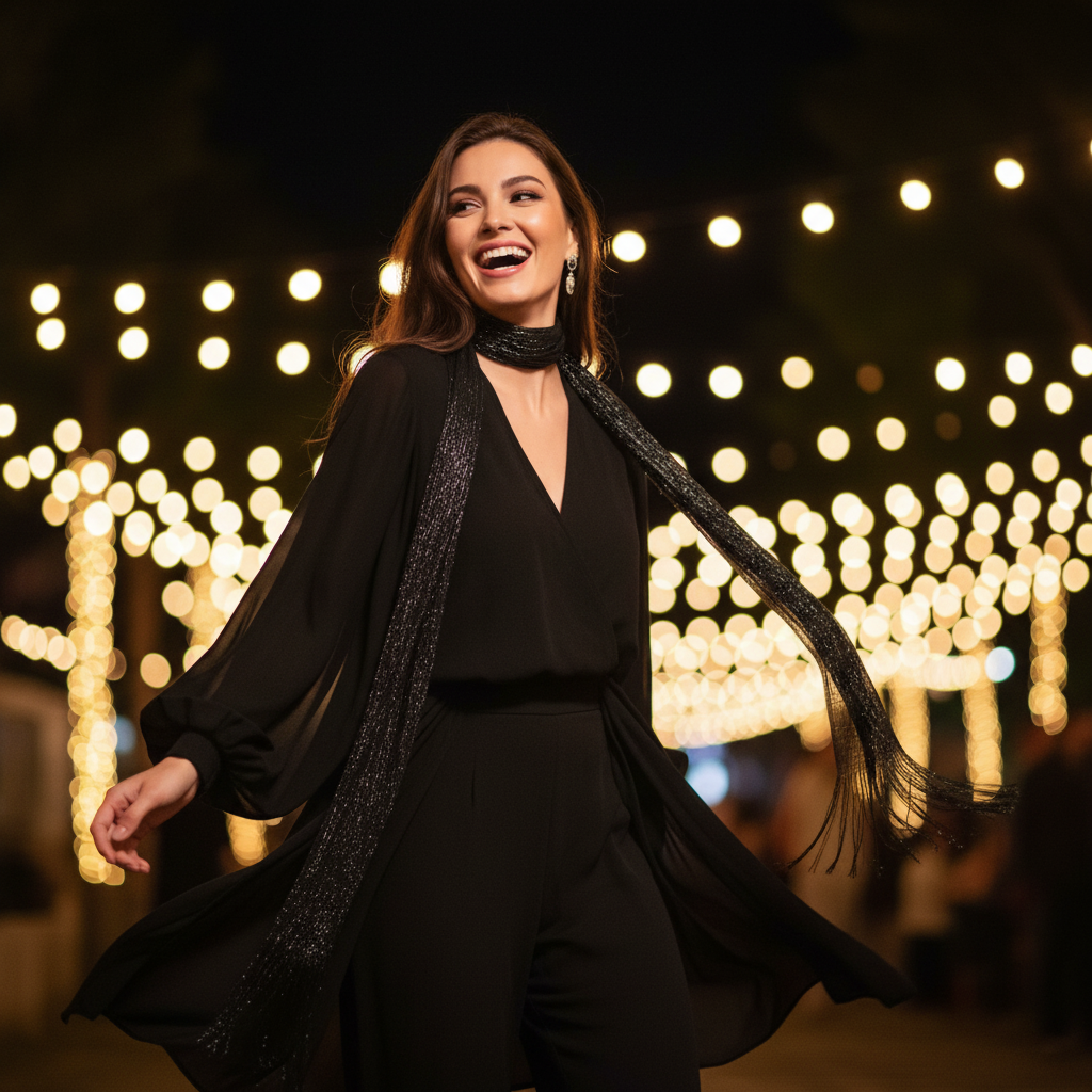 Stylish woman wearing metallic black bohemian fringe scarf at a night festival with bokeh lights