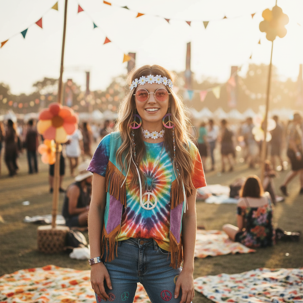 Person wearing colorful hippie costume at outdoor music festival - bohemian fancy dress set