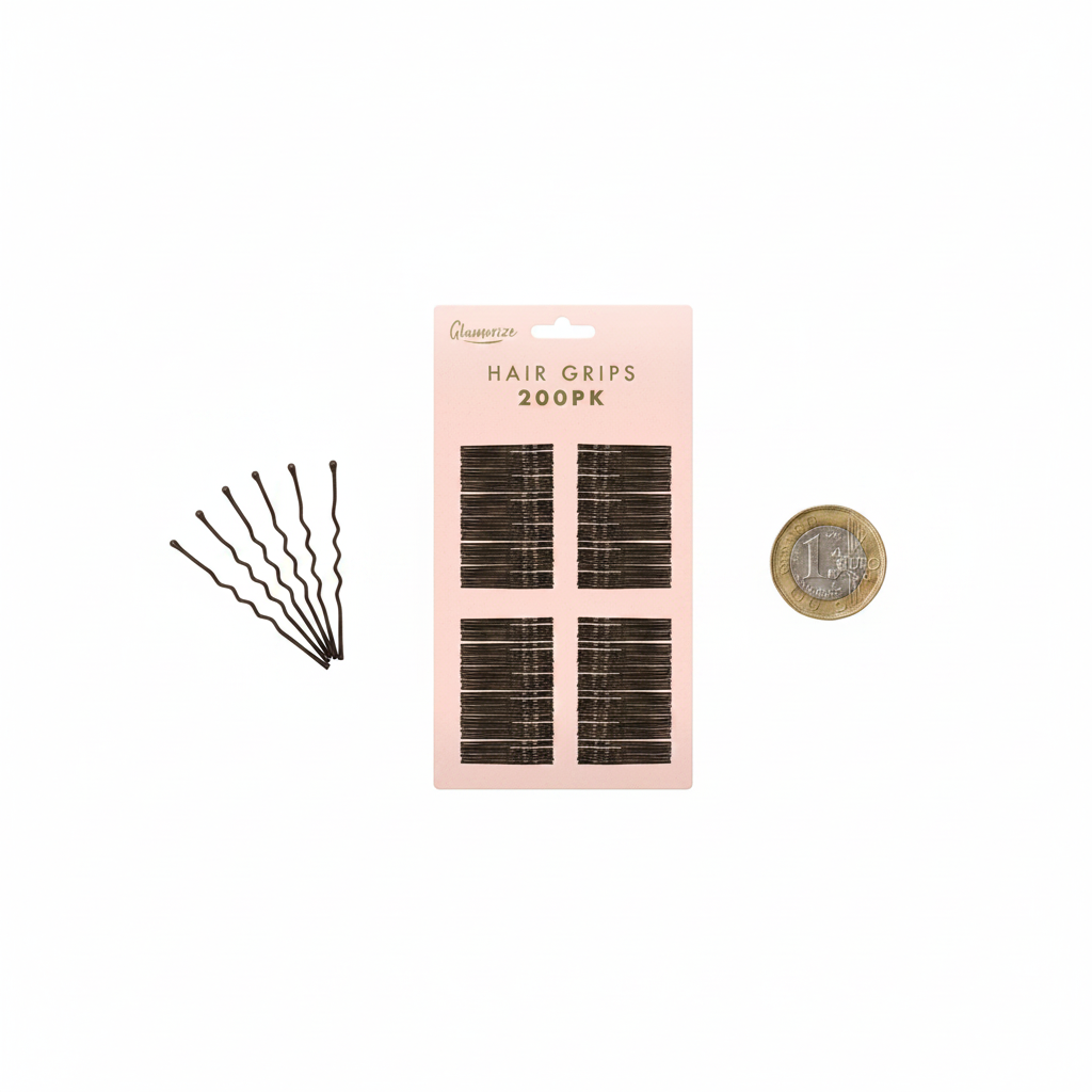 Glamorize Hair Grips blush pink packaging flat lay on white background beside a UK £1 coin for scale, with loose brown bobby pins