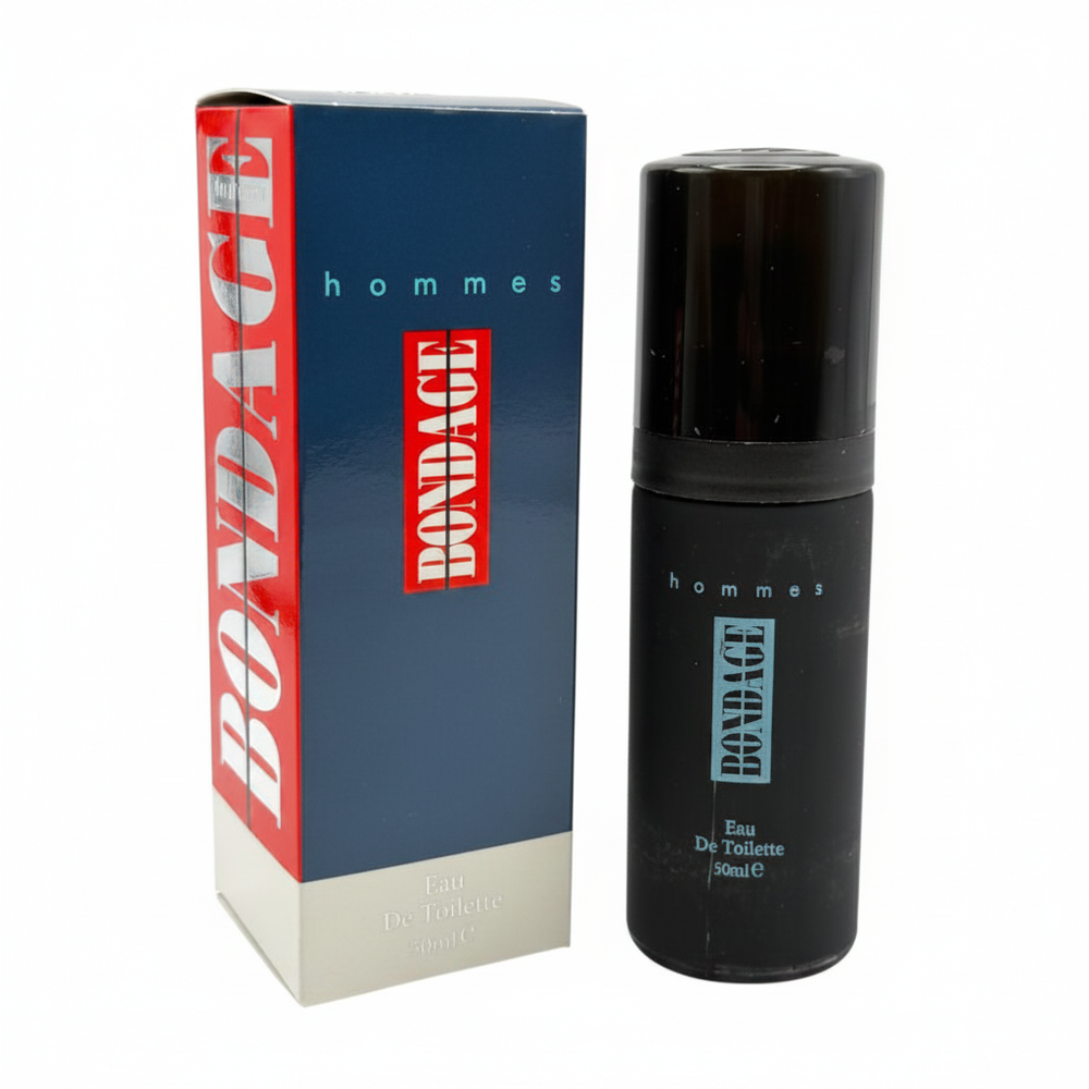 Milton Lloyd Bondage Hommes 50ml EDT Spray bottle and box on white background — mens aftershave hero shot