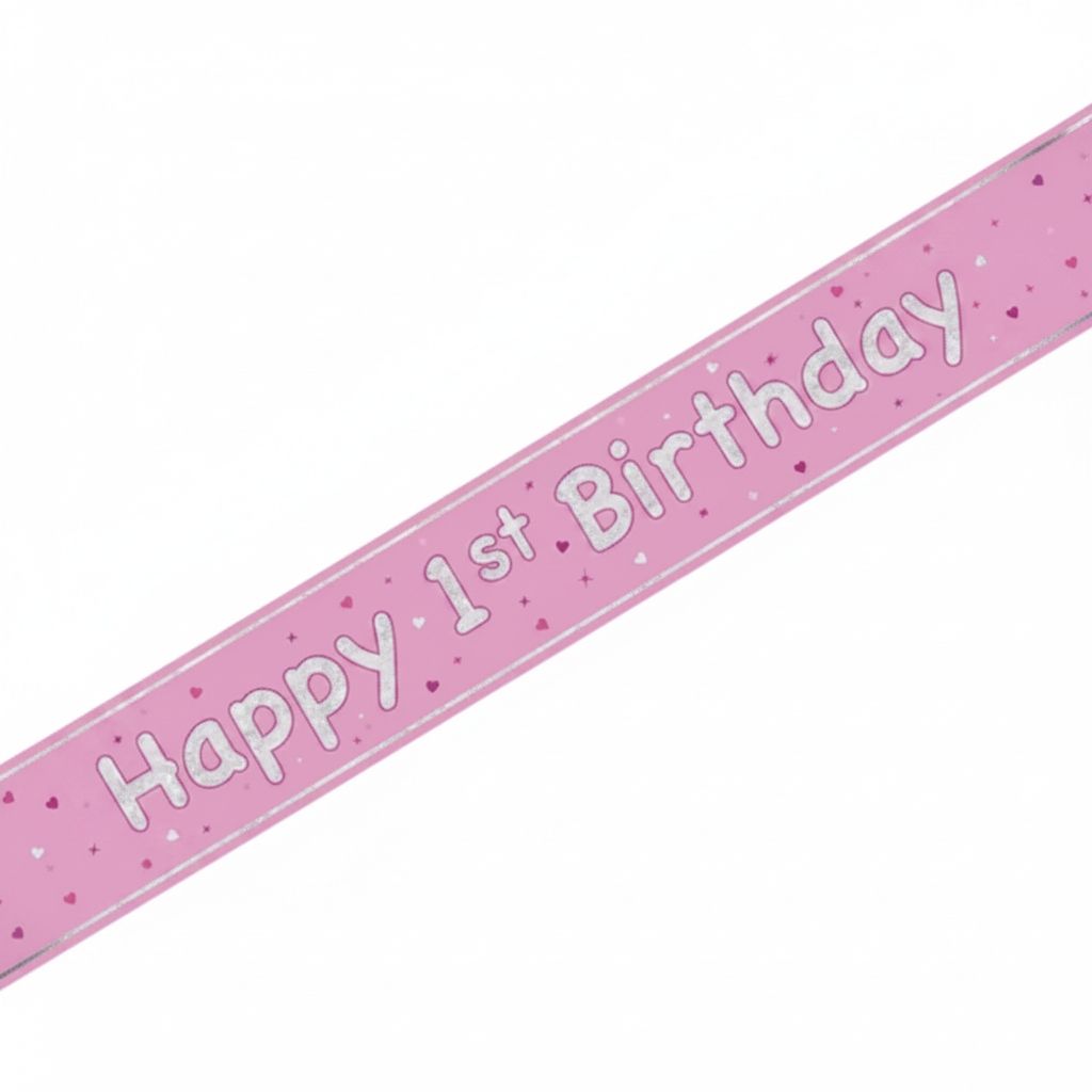 Pink Glitz Happy 1st Birthday Foil Banner 9ft on white studio background