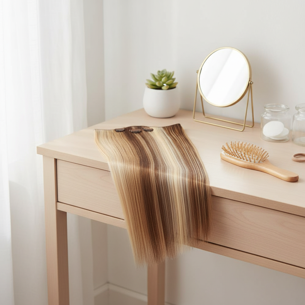 Safari Sunset clip-in hair extension draped over a dressing table with beauty accessories in natural window light