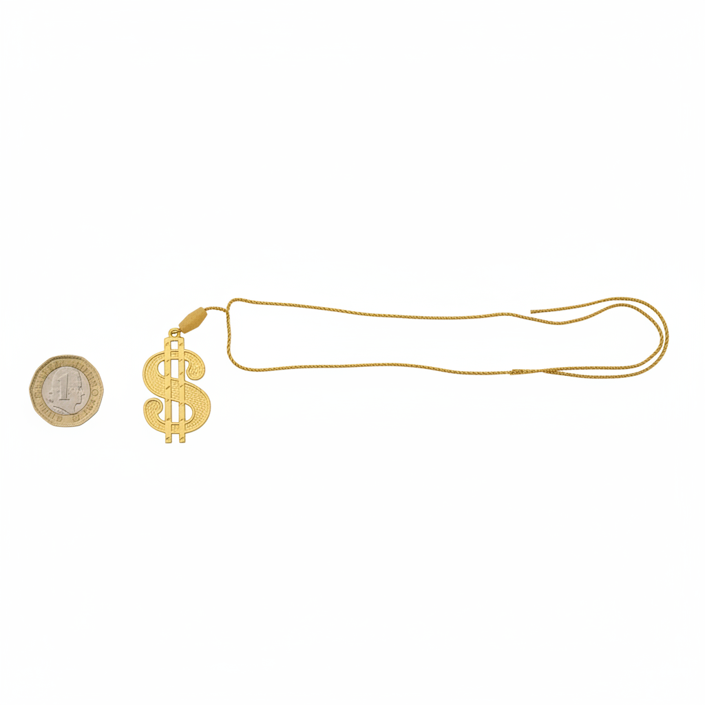 Flat lay of gold dollar medallion necklace beside a £1 coin showing scale, with chain fully extended on white background