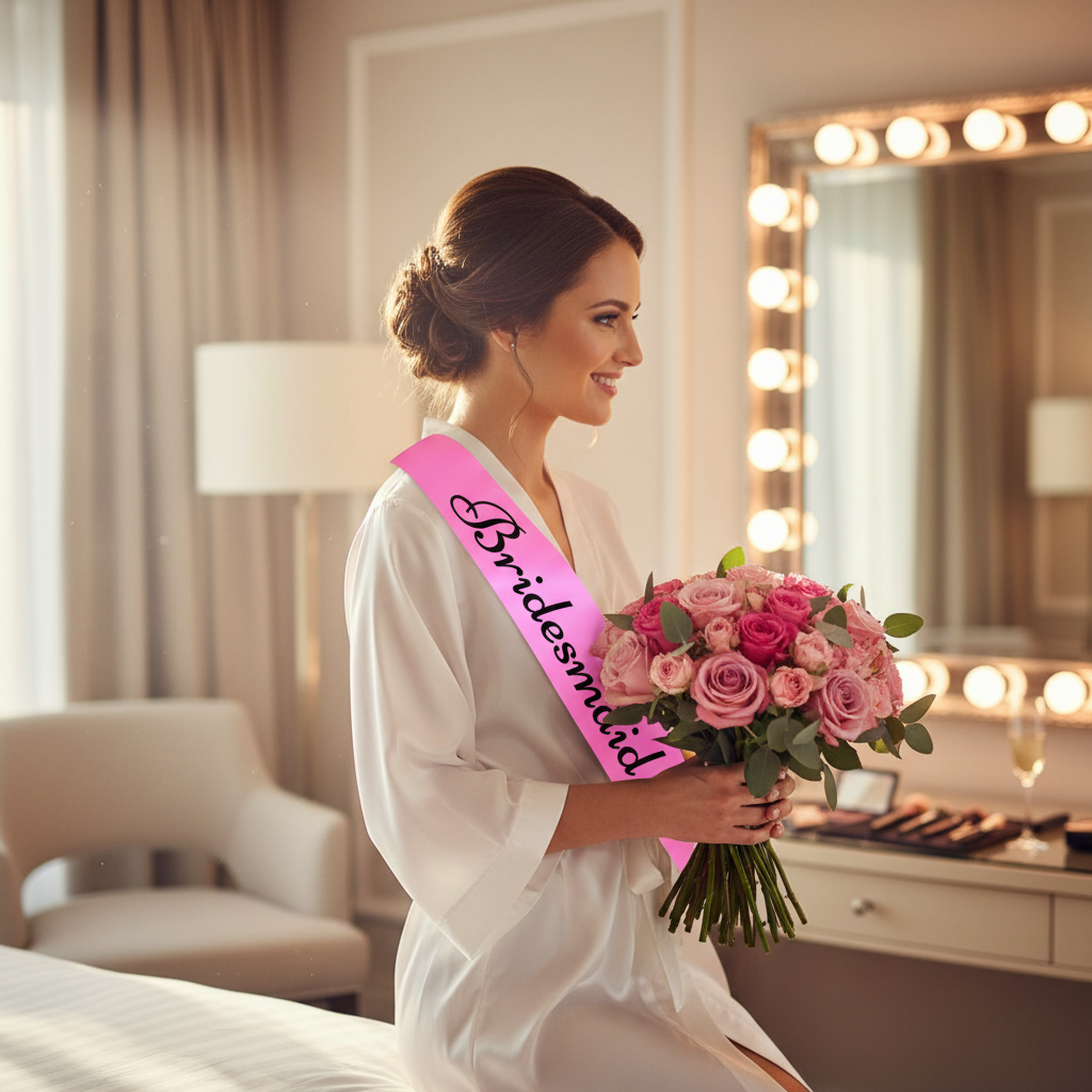 Bridesmaid wearing a pink satin sash with black writing over a white robe getting ready in a luxury bridal suite
