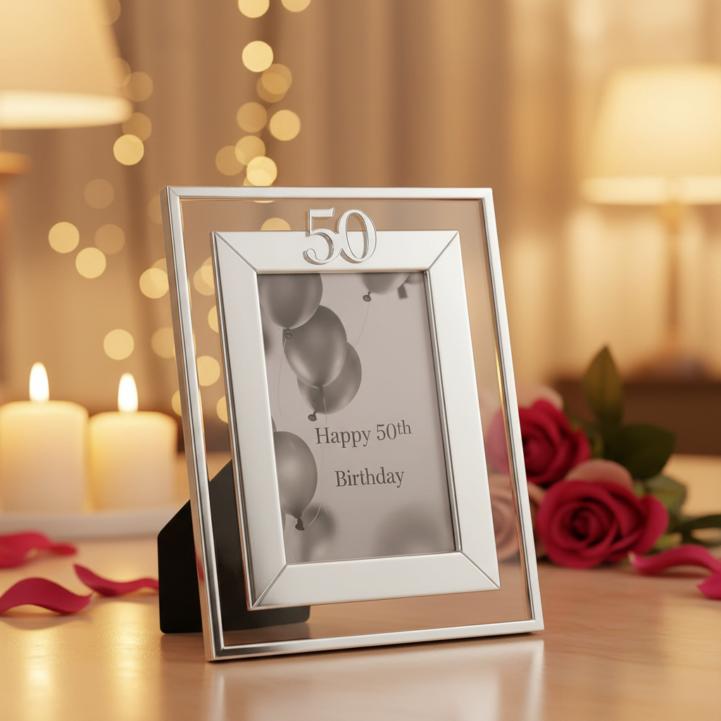 Milestones silver Age 50 gift photo frame 4x6 with elegant birthday background