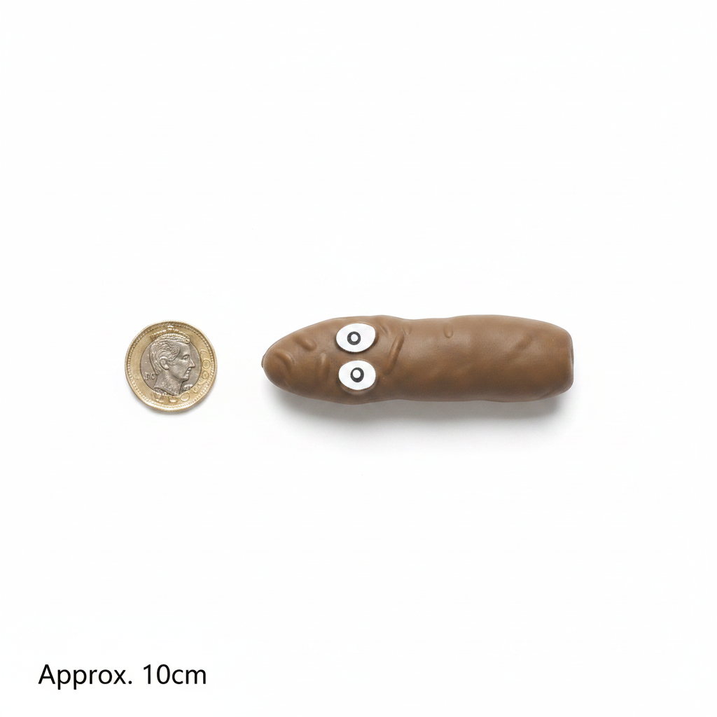 Stretchy Squeezy Poop squishy toy shown beside a £1 coin on white background to show scale