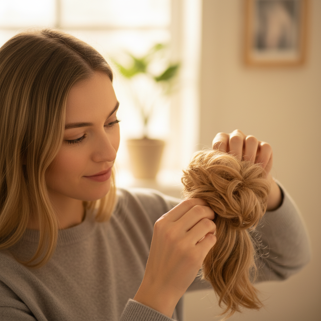Woman wrapping Flicky honey blonde wavy scrunchie hairpiece around ponytail — candid lifestyle shot with bokeh background