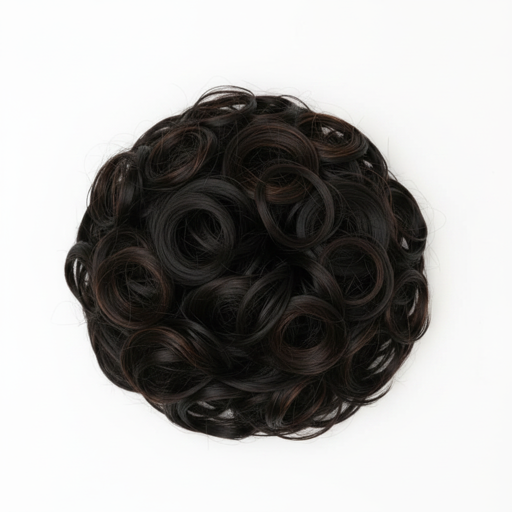 Extreme macro close-up of dark brown curly hair bun showing individual curl texture, warm espresso undertones and strand craftsmanship detail
