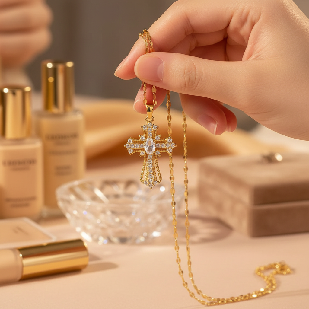 Close-up of elegant gold cross pendant necklace held delicately - jewelry detail shot