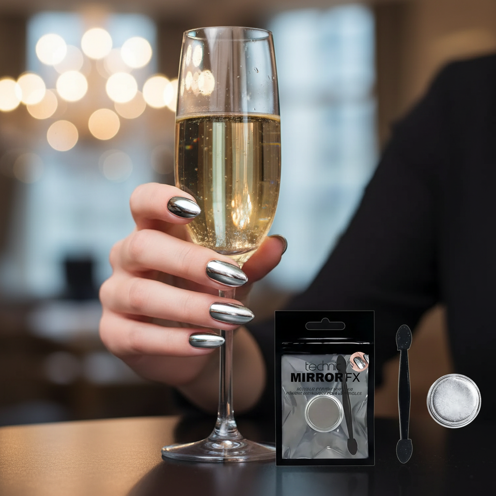 Woman's hand with stunning metallic chrome mirror nails using Technic Asteroid pigment holding champagne glass