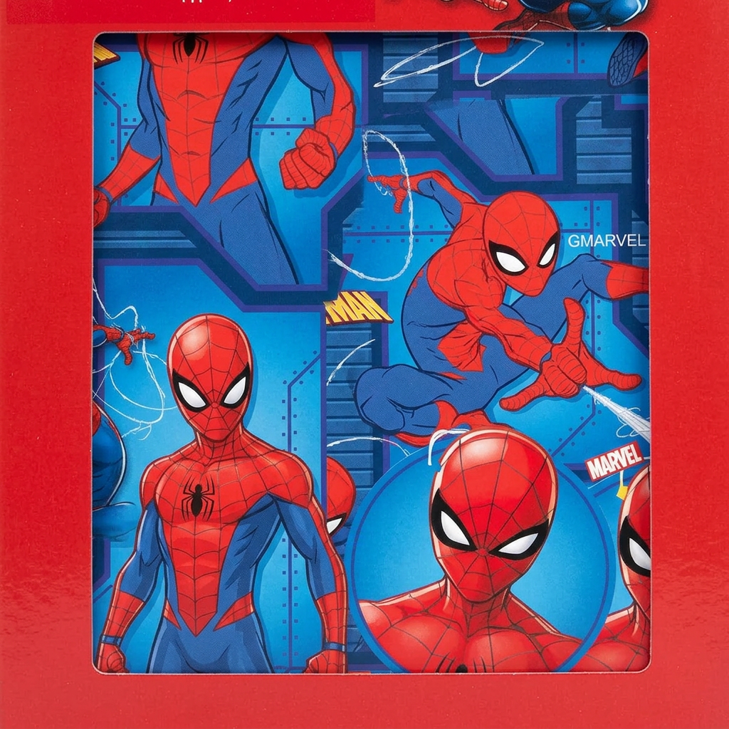 Close-up of red and blue Spider-Man artwork inside the gift wrap pack