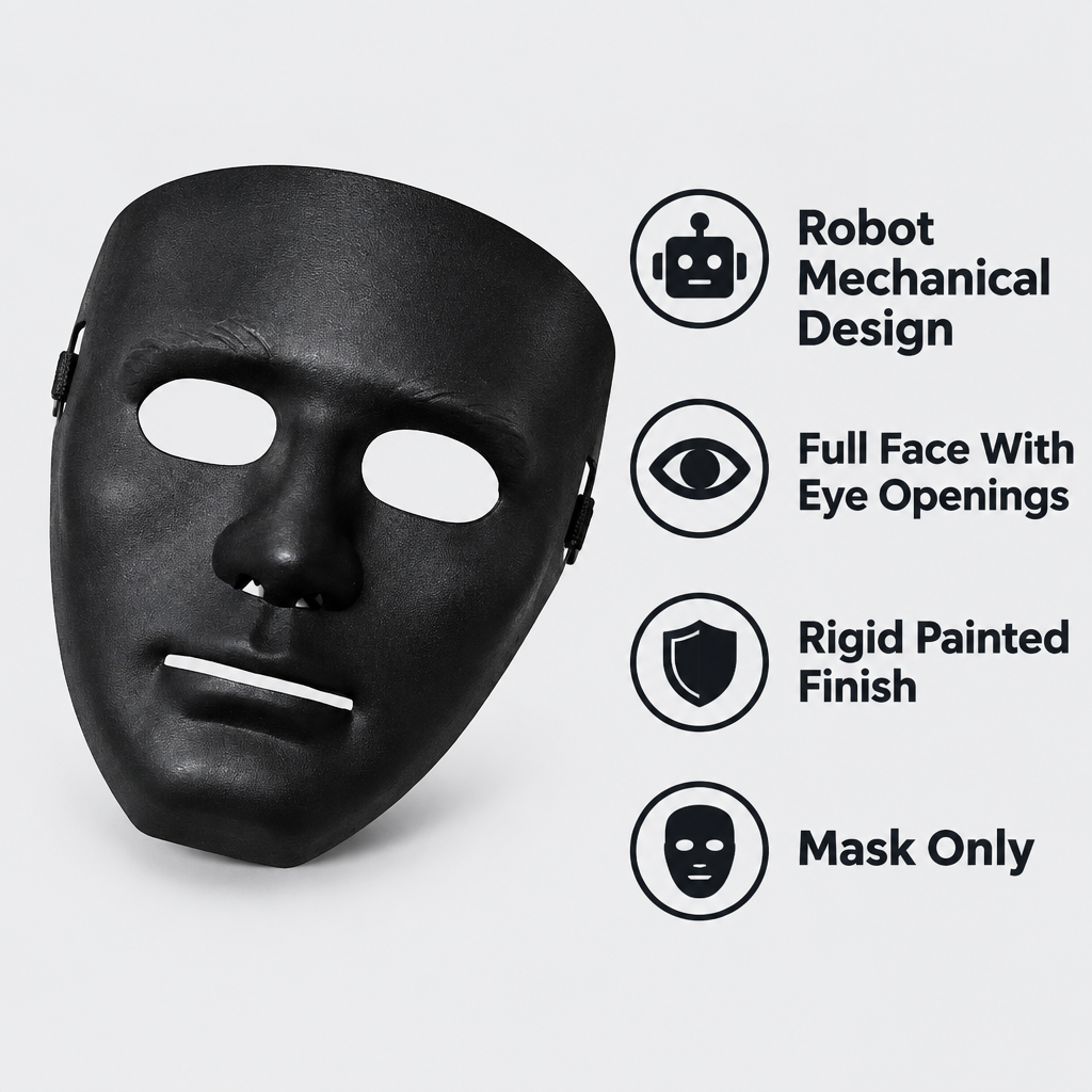 Black robot full-face mask beside a list of key features on a light grey background