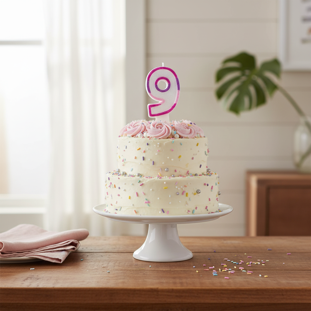 Pink Number 9 Birthday Candle on a decorated birthday cake in natural home setting