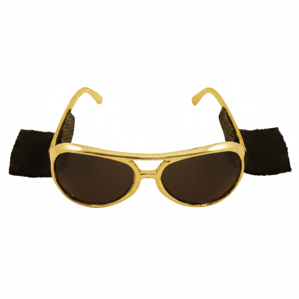 Gold Elvis Presley novelty glasses with metallic gold aviator frames and attached black sideburns on a pure white background
