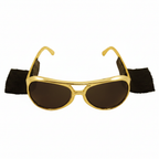 Gold Elvis Presley novelty glasses with metallic gold aviator frames and attached black sideburns on a pure white background