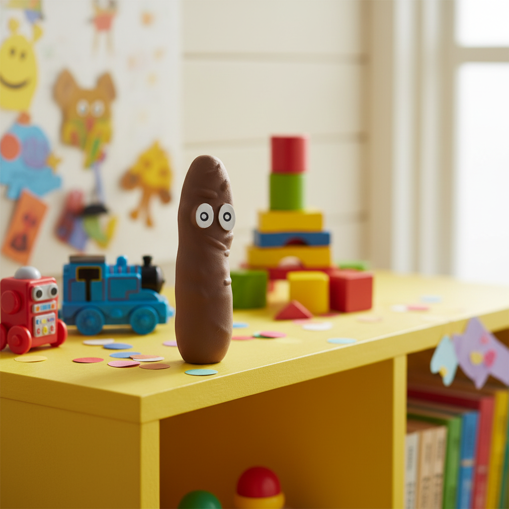 Stretchy Squeezy Poop novelty toy in a colourful kids playroom setting with natural window light