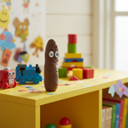 Stretchy Squeezy Poop novelty toy in a colourful kids playroom setting with natural window light