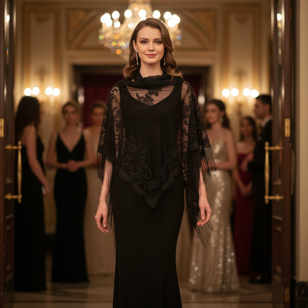 Elegant woman wearing a black lace fringe triangle shawl over an evening dress arriving at a glamorous theatre or evening event