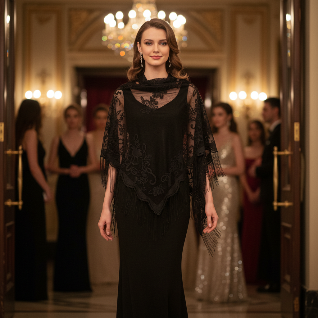 Elegant woman wearing a black lace fringe triangle shawl over an evening dress arriving at a glamorous theatre or evening event