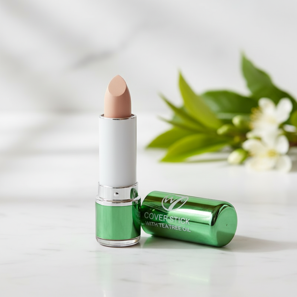 W7 Tea Tree Concealer Stick Light/Medium on elegant marble surface with botanical tea tree leaves background