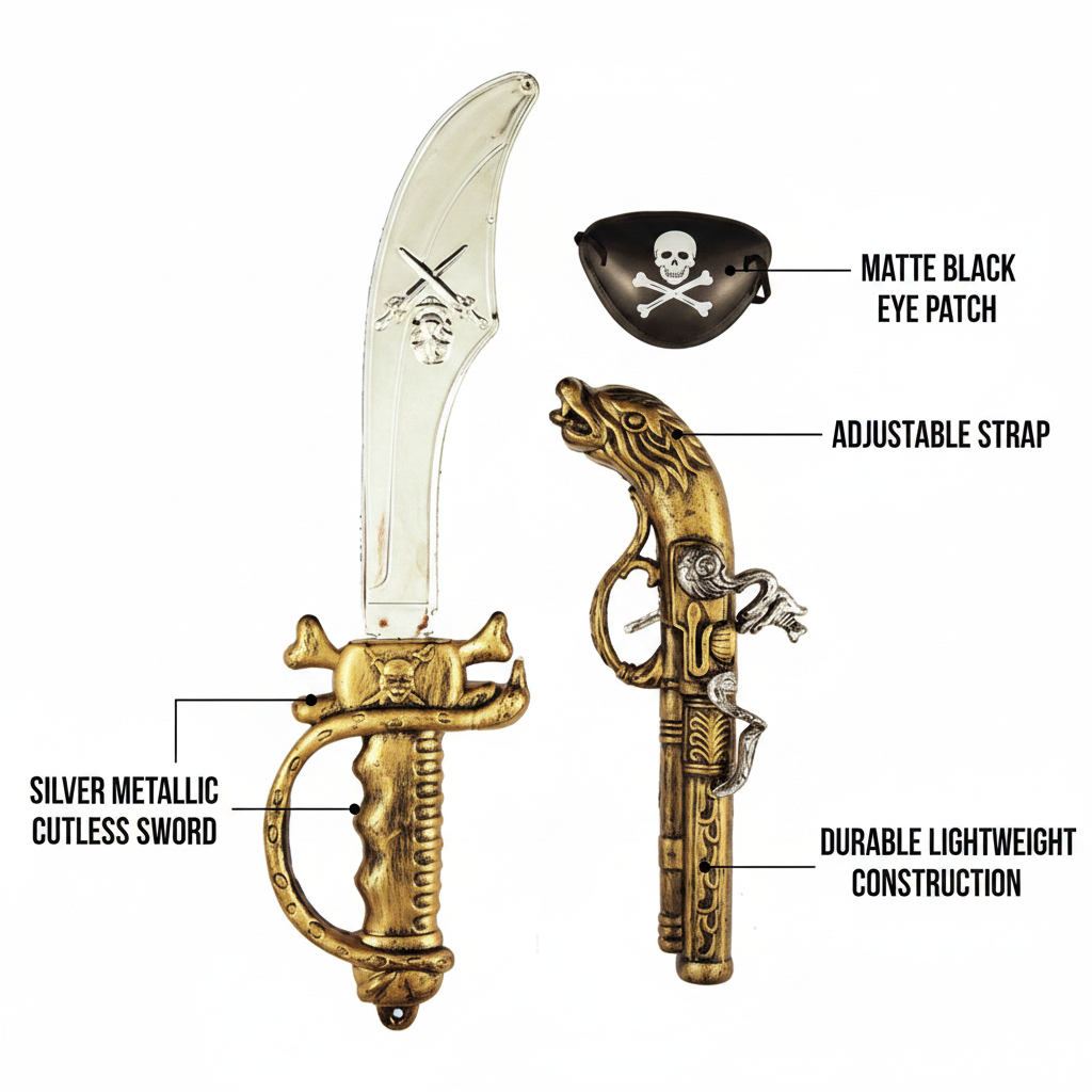 Pirate fancy dress set feature infographic showing antique gold pistol, silver sword and black eye patch with callout labels