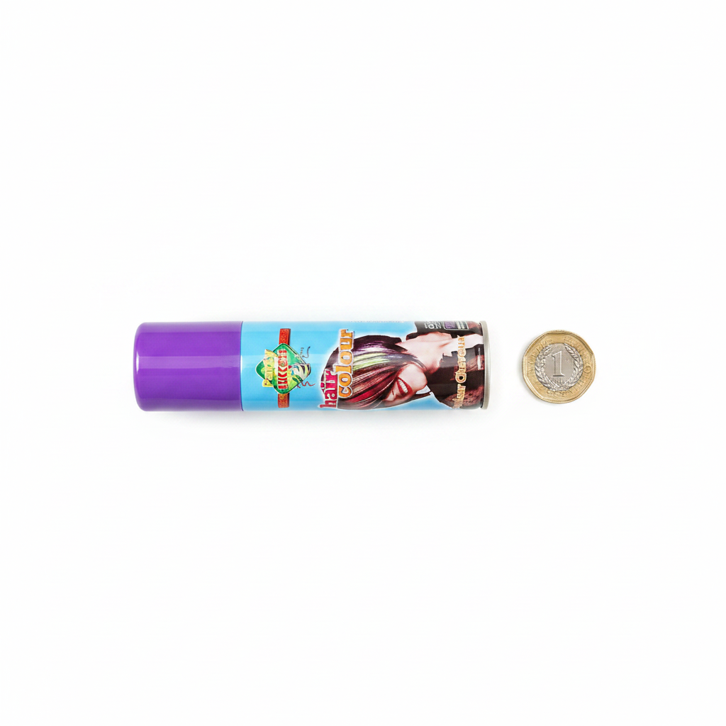 Party Success Purple Hair Colour Spray 125ml beside a £1 coin showing product size and scale