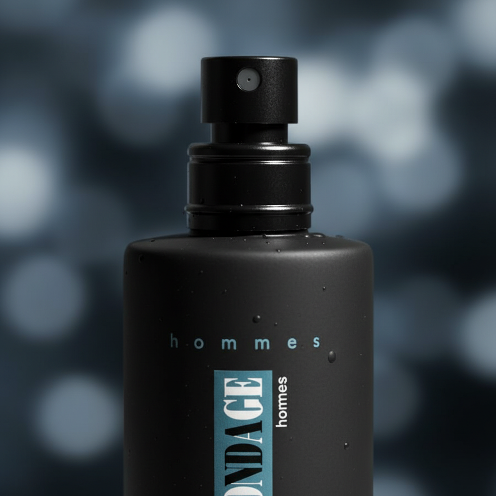 Extreme macro close-up of Milton Lloyd Bondage Hommes EDT spray nozzle and steel blue label detail