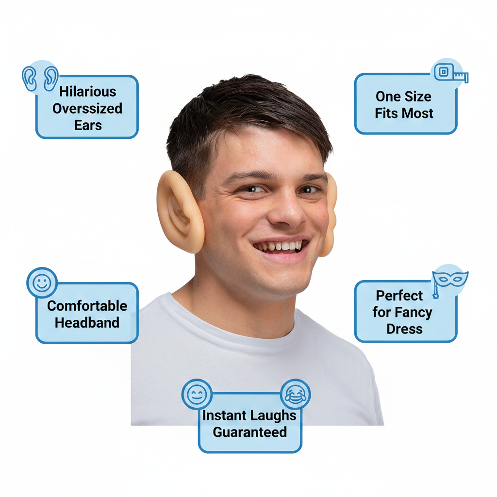 Funny Big Ears feature infographic with 5 A+ callout labels on white background