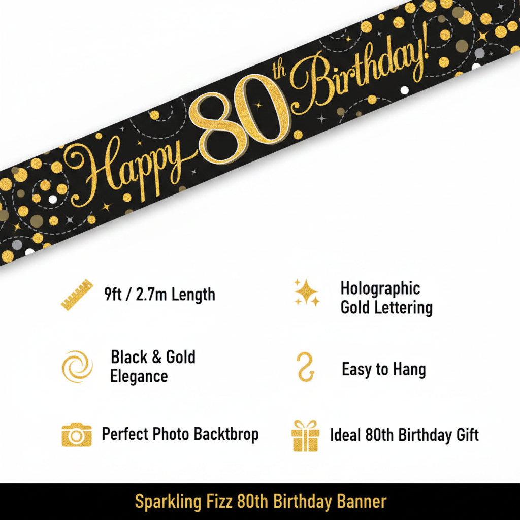 9ft Sparkling Fizz Happy 80th Birthday Banner in black and gold with holographic gold lettering and confetti dot design — 2.7m party banner, easy to hang, perfect photo backdrop and milestone birthday decoration