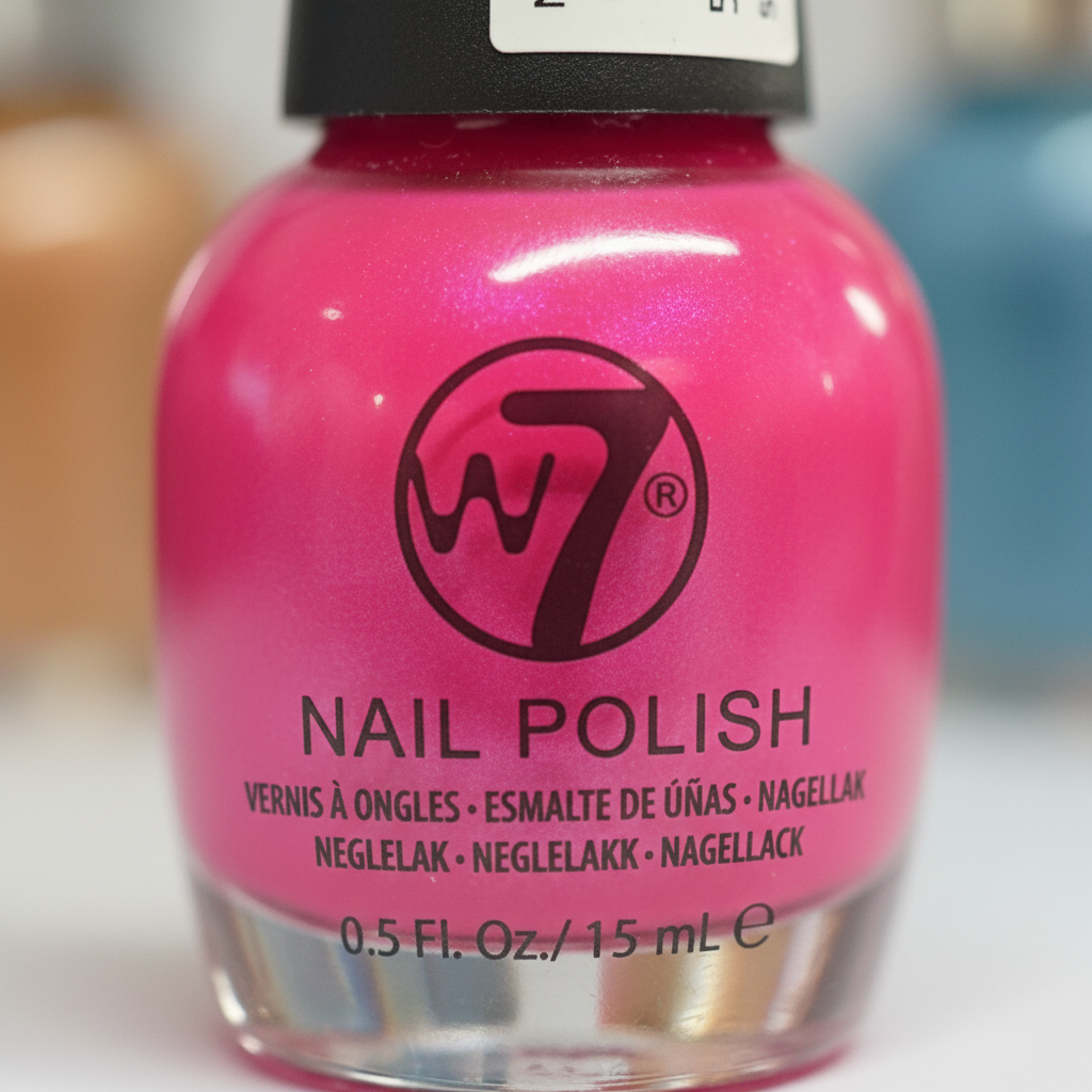 Extreme macro close-up of W7 Fluorescent Pink Nail Polish bottle showing vivid fluorescent hot pink polish intensity and W7 branding detail through clear glass
