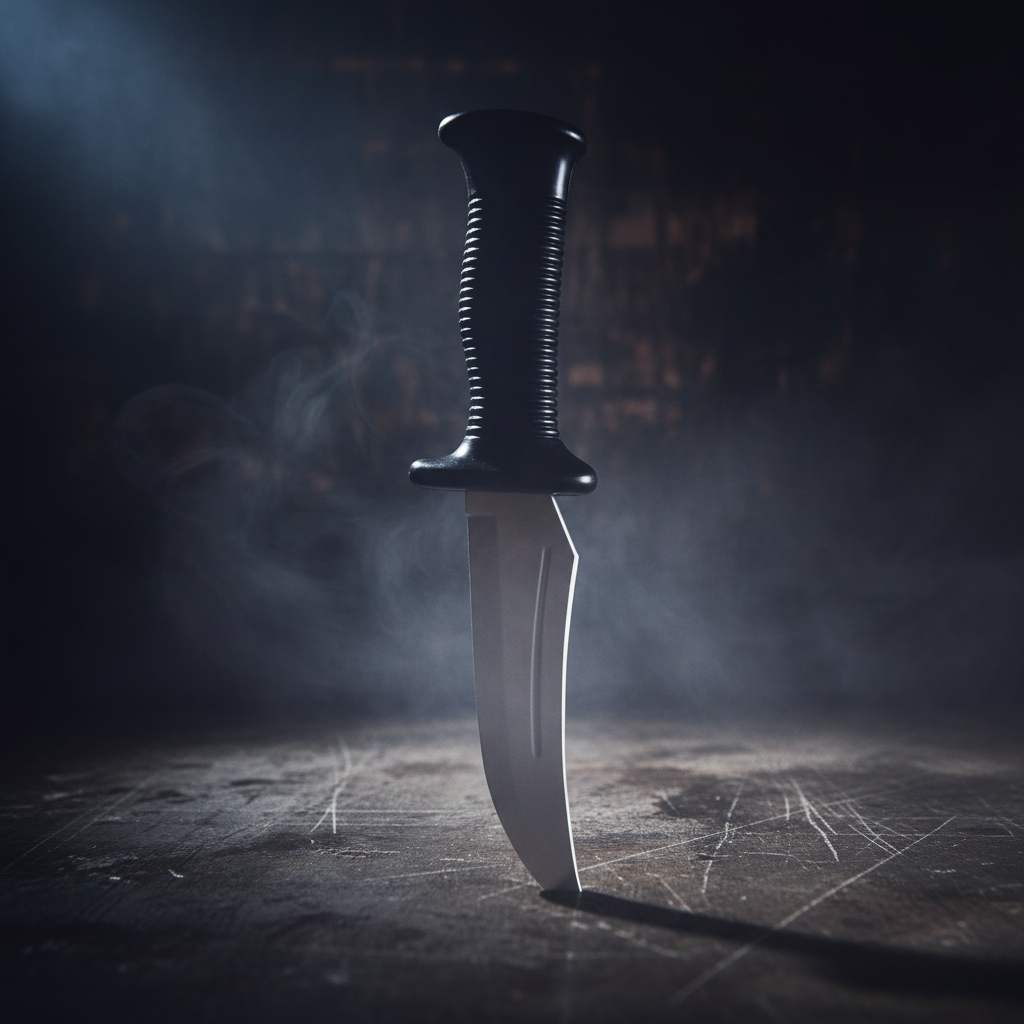Ghost Face Scream horror knife prop with atmospheric horror background - perfect for Halloween costumes and cosplay