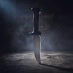 Ghost Face Scream horror knife prop with atmospheric horror background - perfect for Halloween costumes and cosplay