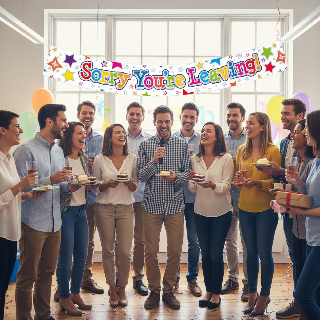 Colleagues celebrating at office leaving party with Sorry You're Leaving banner hanging in background