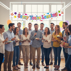 Colleagues celebrating at office leaving party with Sorry You're Leaving banner hanging in background