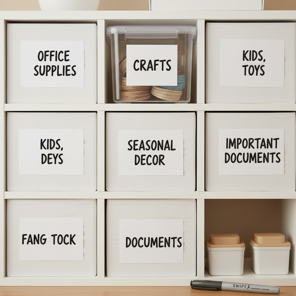 Neatly organised storage shelf with boxes labelled using Swift permanent marker — showing the satisfying result of owning this product