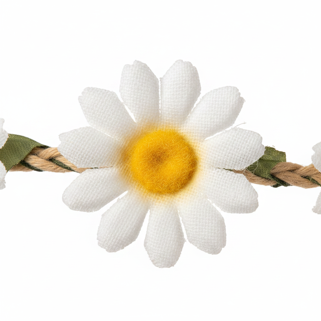Extreme macro close-up of daisy hairband white petals and yellow centre fabric texture and craftsmanship